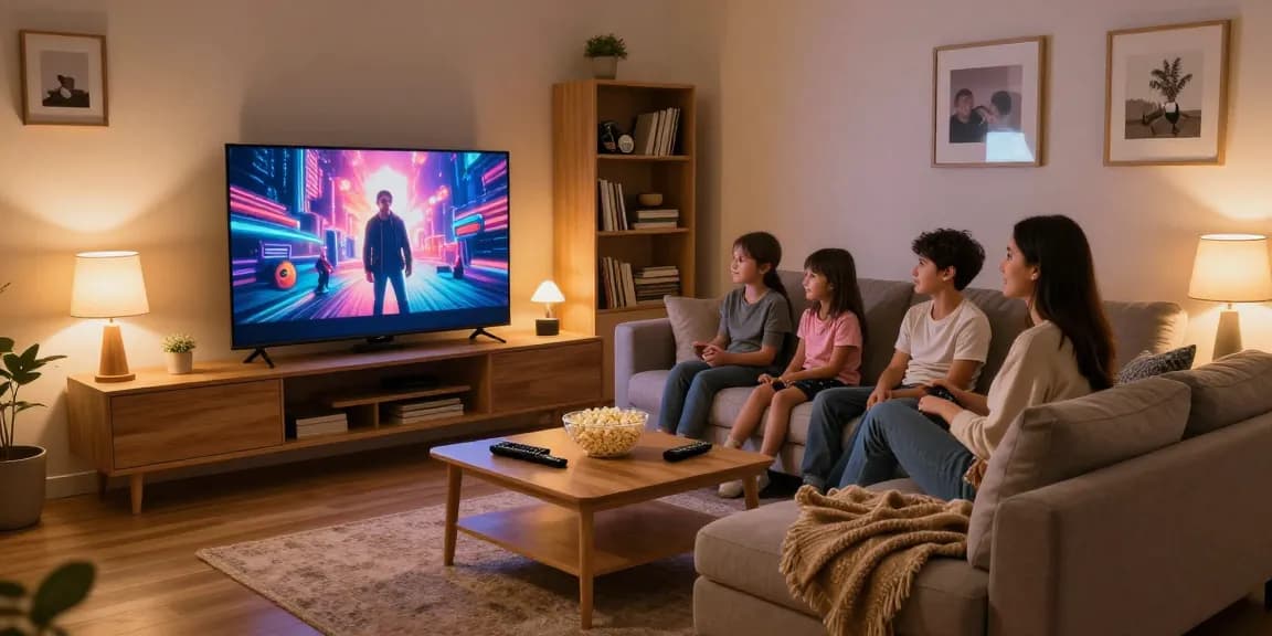 Família assistindo a IPTV em uma sala de estar confortável com uma TV grande.